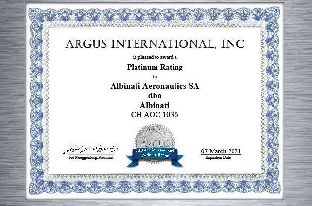 Albinati Aeronautics is awarded the Argus Platinum Certification and renews its IS-BAO Stage 2